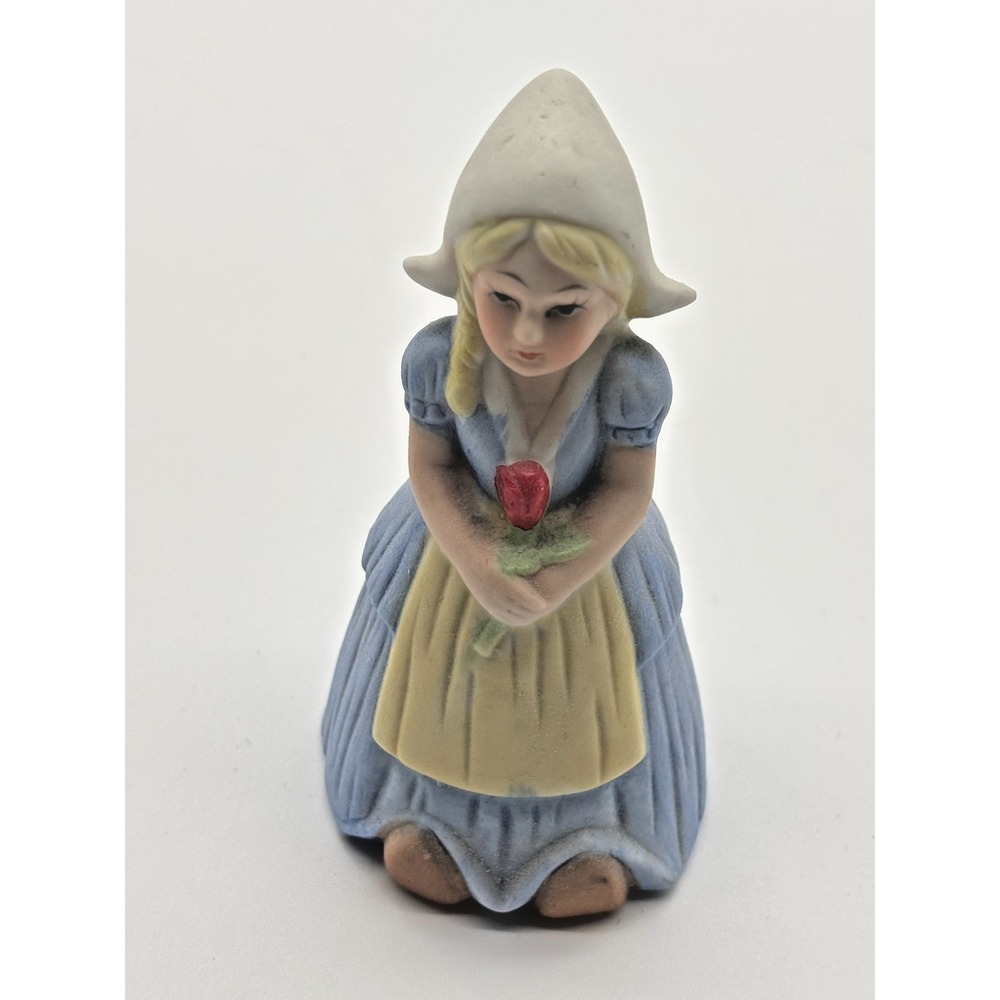 Vintage‎ Ceramic Dutch Girl Figurine Bell Holding Tulip Blonde Hair Blue Dress